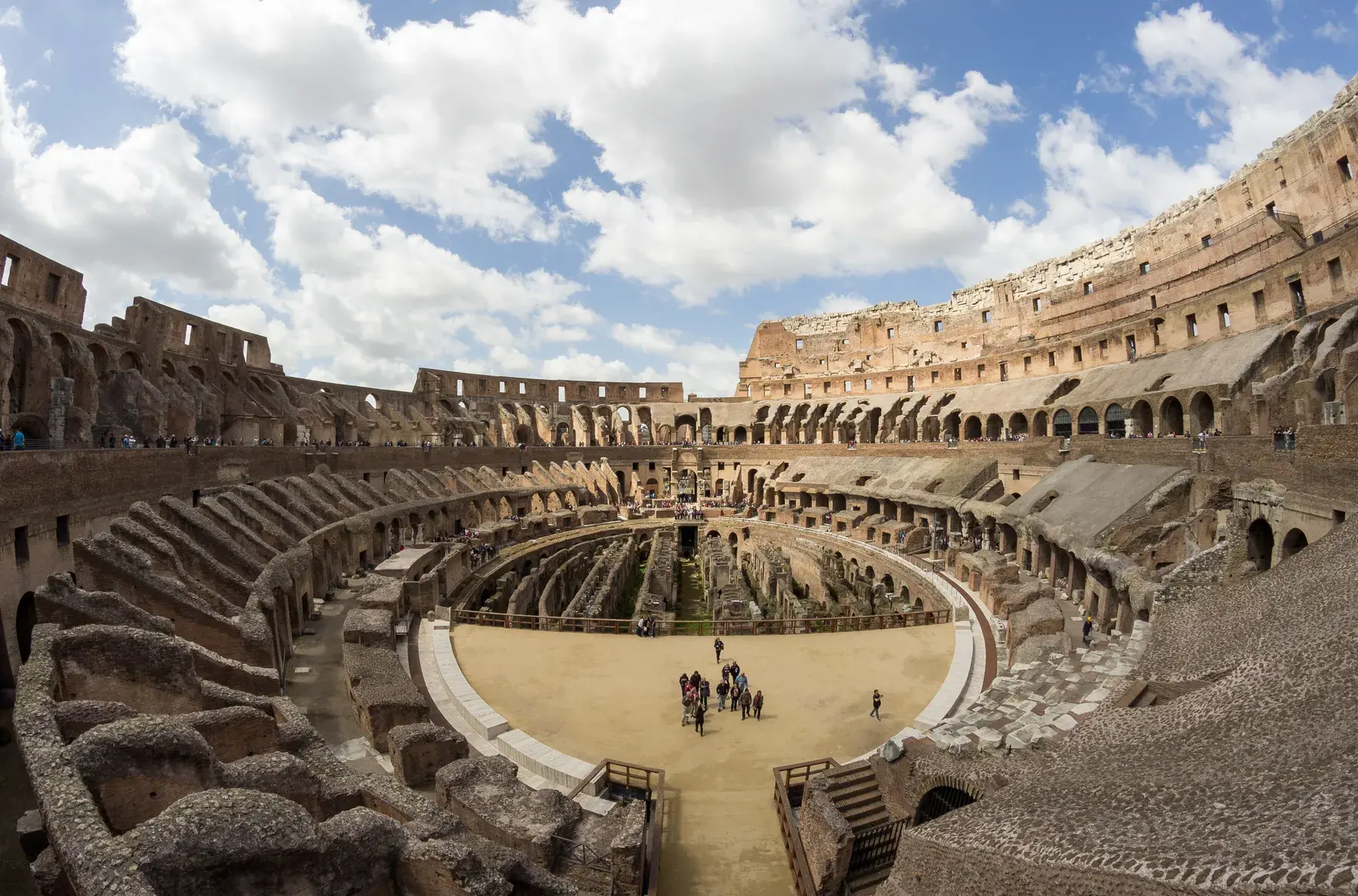 Interior of the Colosseum with the partially reconstructed arena, the galleries of the hypogeum, and the seating tiers