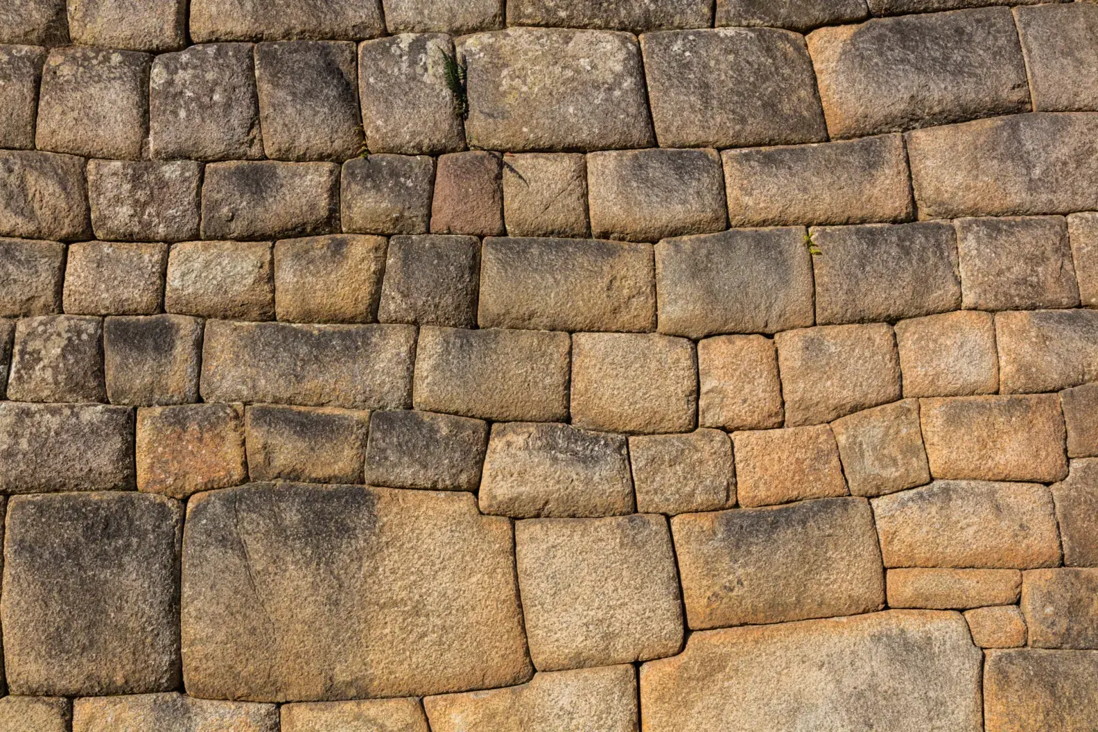 Inca wall of precisely fitted stone blocks, without mortar, at Machu Picchu